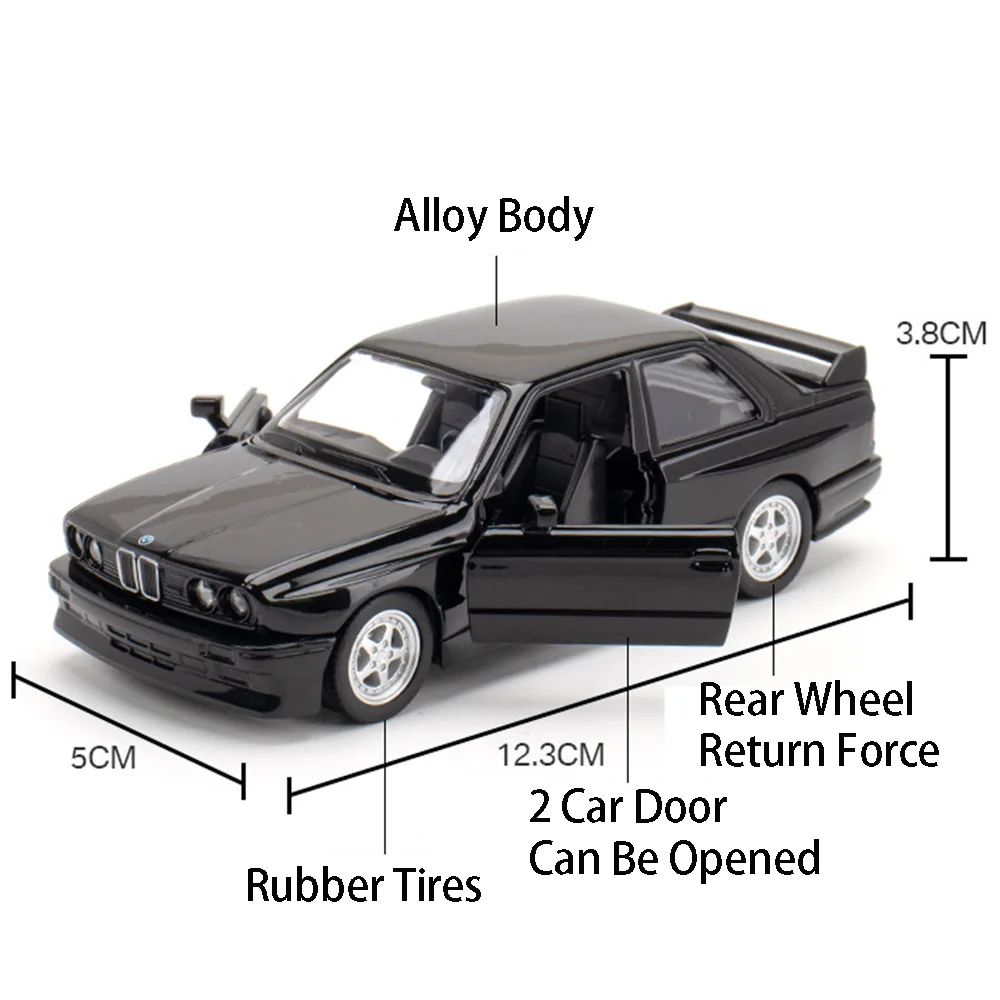 1:36 نموذج سيارة BMW M4 CSL M3 1987 سيارات مصغرة سبيكة دييكاست الأبواب مفتوحة التراجع الإطارات المطاطية حلية لعب للأطفال هدايا