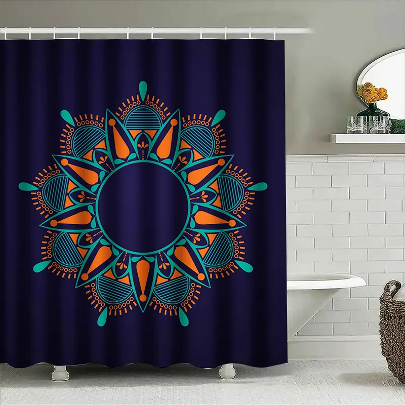 

Colorful Mandala Shower Curtain Premium Fabric for Bathroom Decor, Waterproof Easy Maintenance (Dark Blue with Orange, Green Det