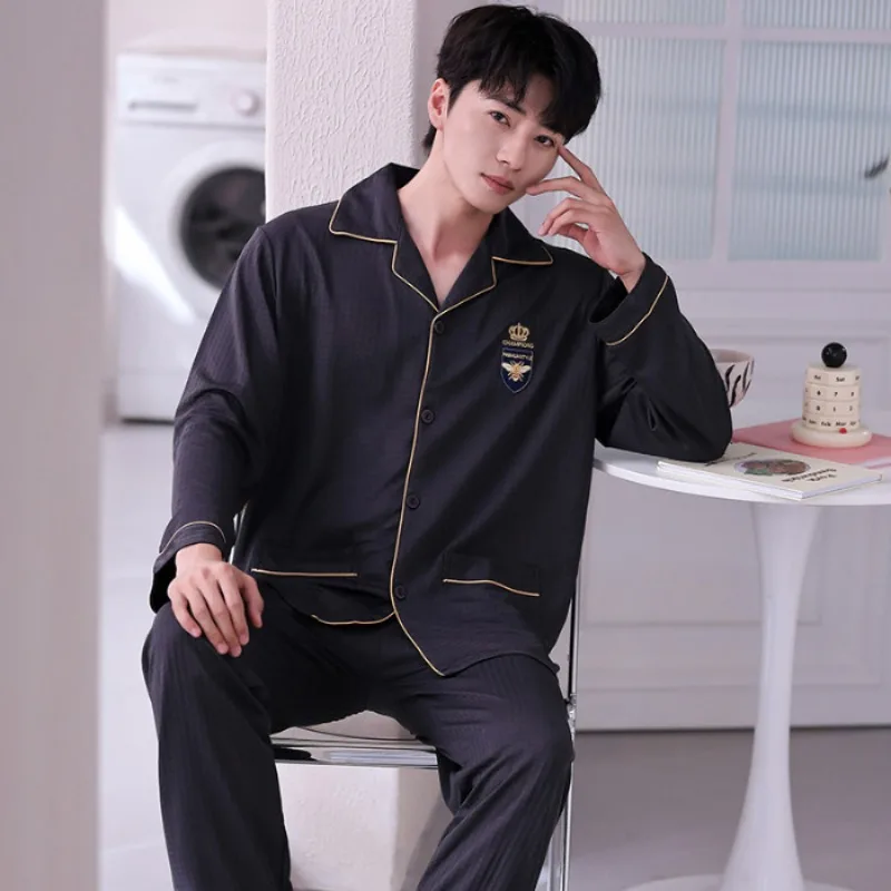 

5XL Plus Size Men's Pajamas Set Autumn Spring Long-sleeved Trousers Lapel Cardigan Suit Cotton Waffle Loungewear Home Clothes