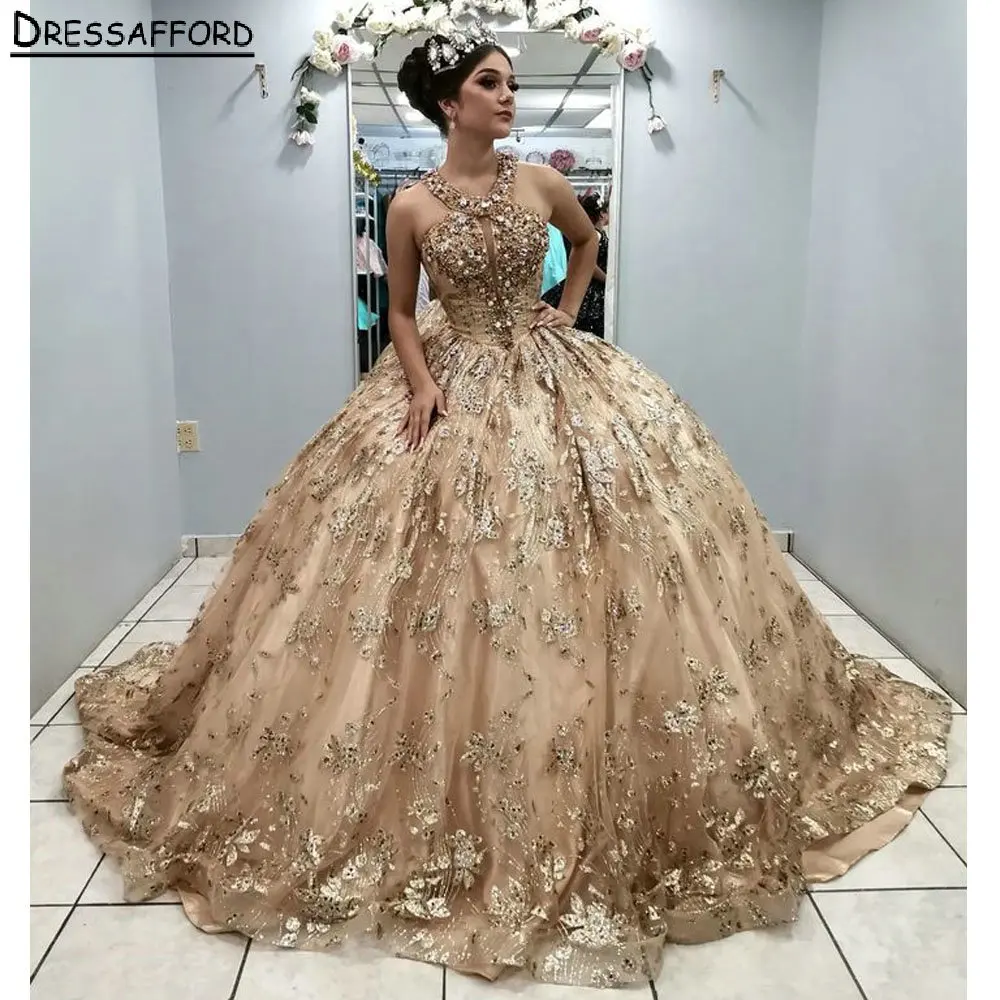 Gold Halter Beading Crystal Corset Quinceanera Dress Ball Gown Sleeveless Appliques Lace Graduation 7th Vestido De XV Anos