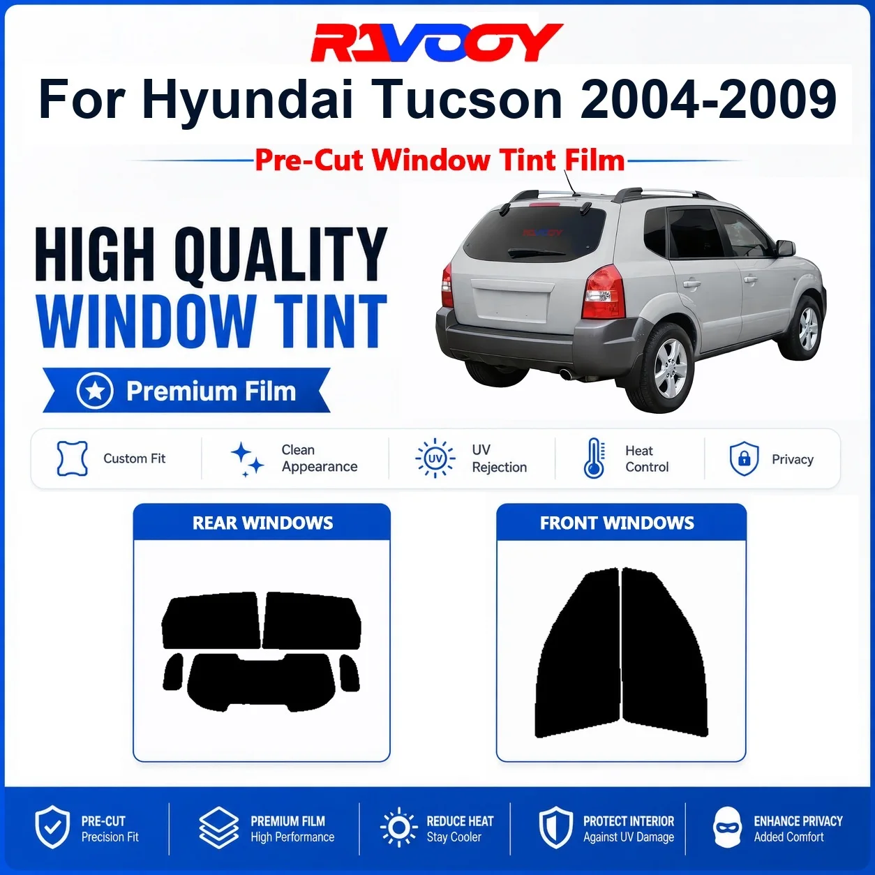 Premium Pre-Cut Window Tint For Hyundai Tucson 2004-2009 Front & Rear Windows UV Heat Rejection Privacy Film