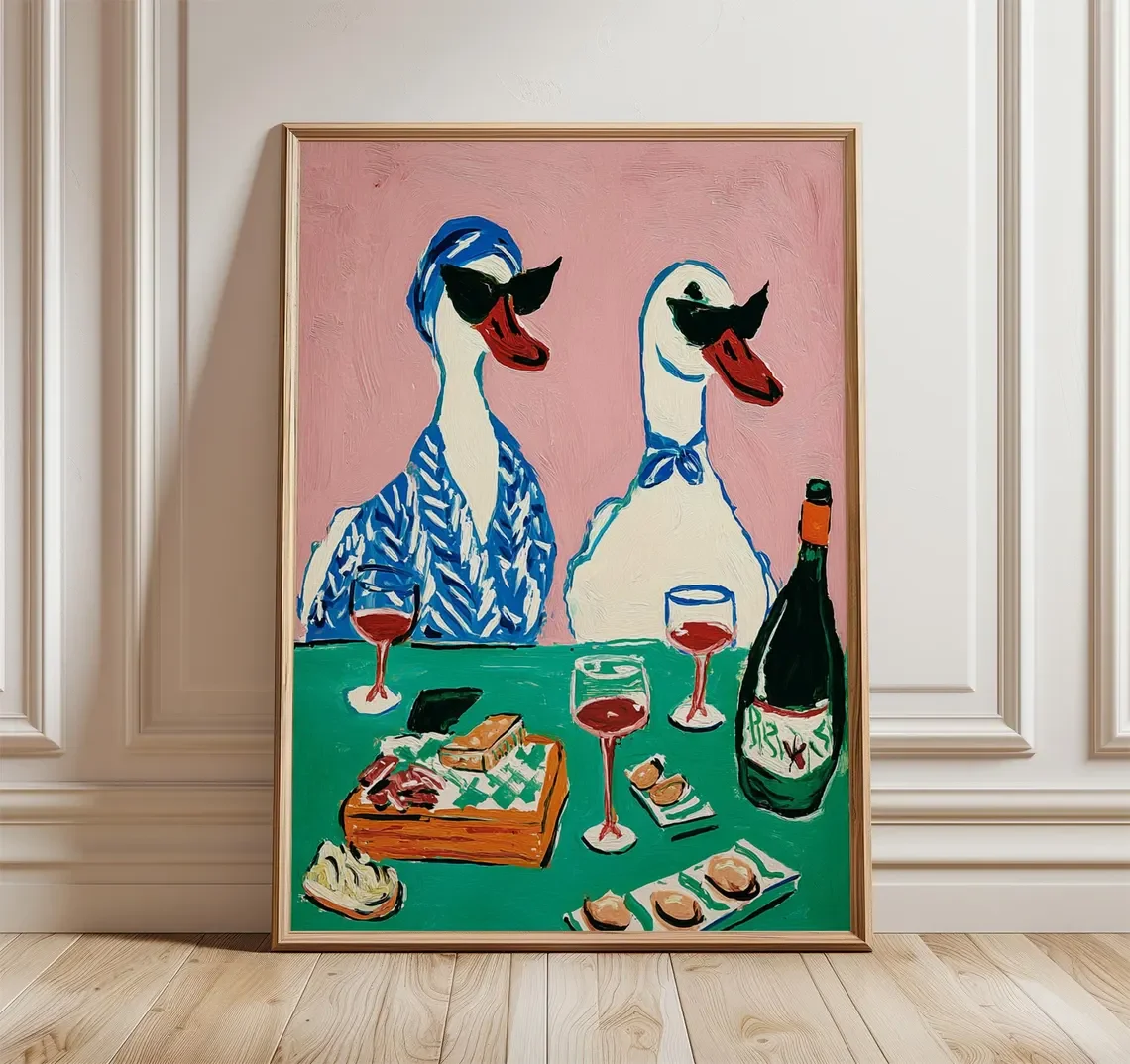 Impressão de arte de festa de vinho de pato, pôster de animal peculiar, arte de parede retrô com patos e vinho, decoração divertida de sala de jantar ou cozinha