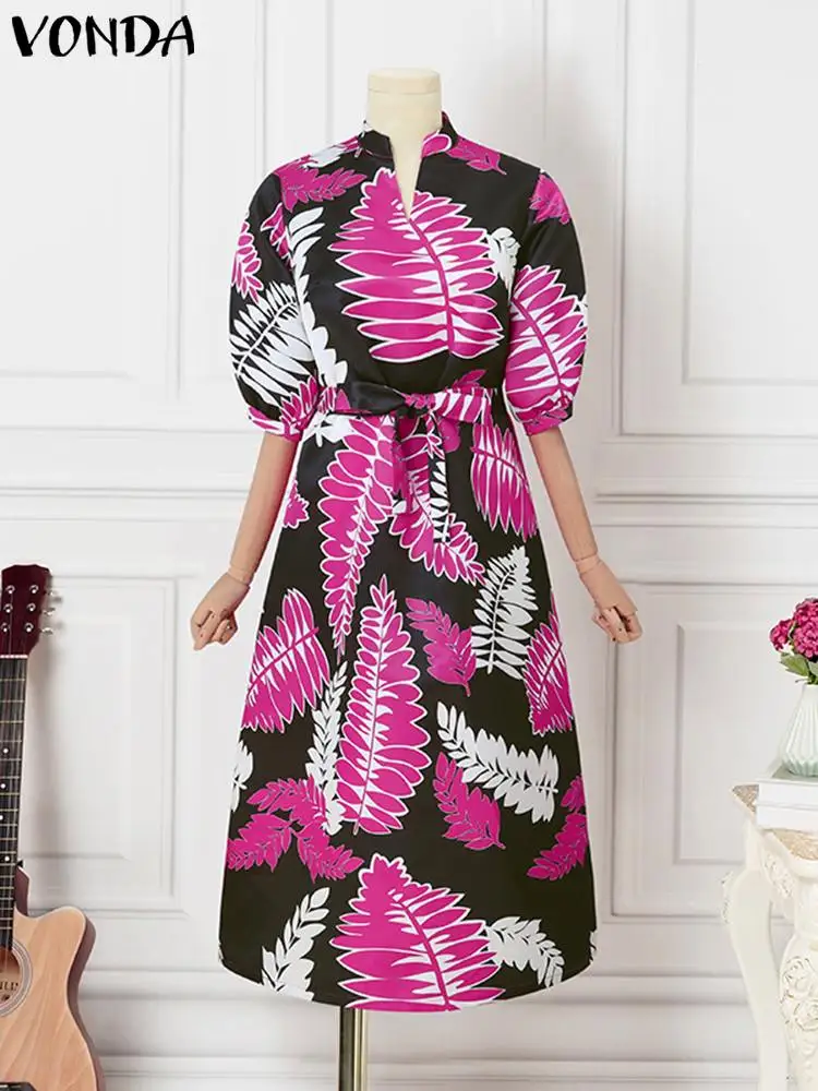 Plus Size 5XL VONDA Summer Party Dress 2024 V-Neck Printed Puff Sleeve Dress Women Sundress Casual Belted Robe Vestido