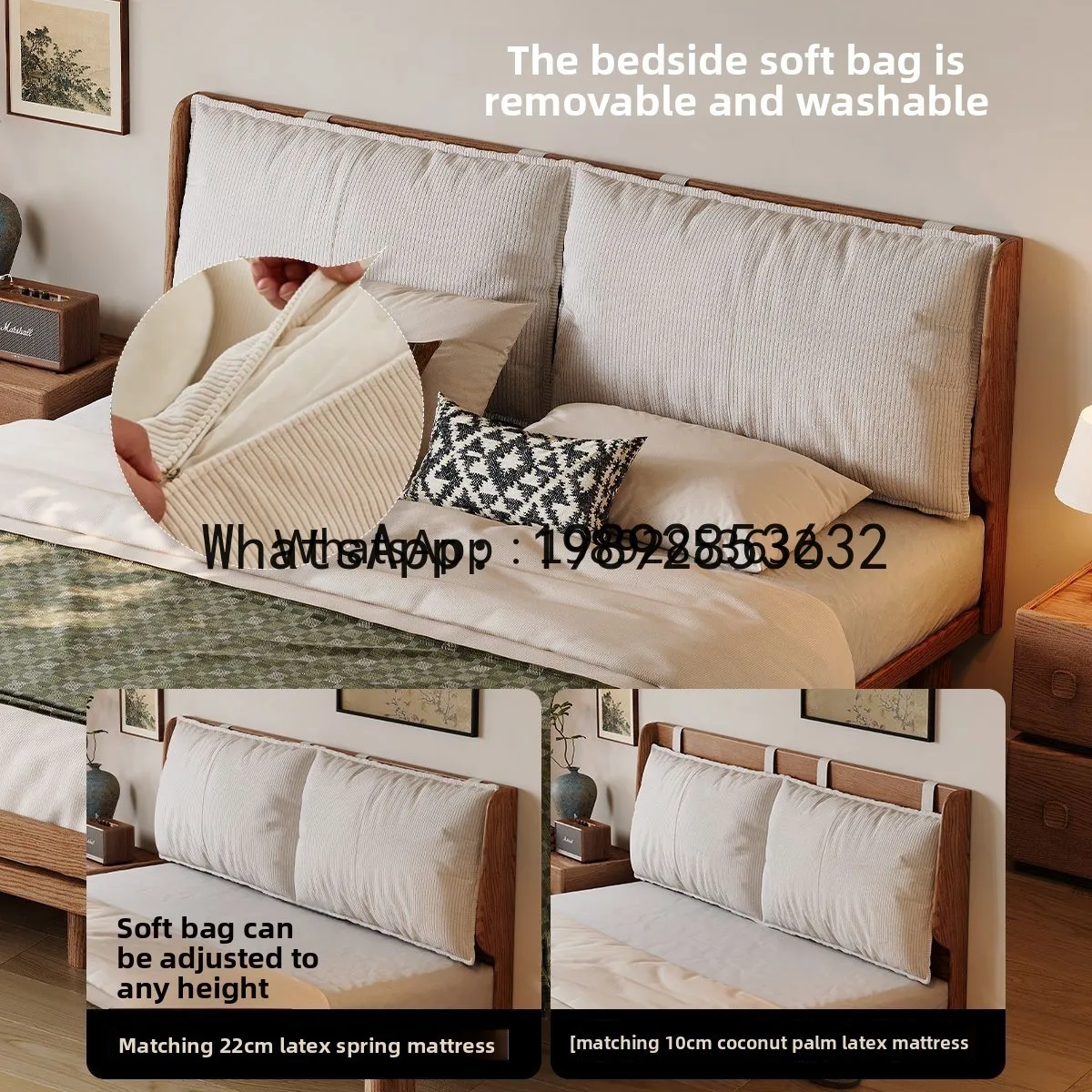 F2 Solid Wood Upholstered Bed Retro Style Suitable for Small Apartments White Ash Wood Double Bed for Master   Bedrooms