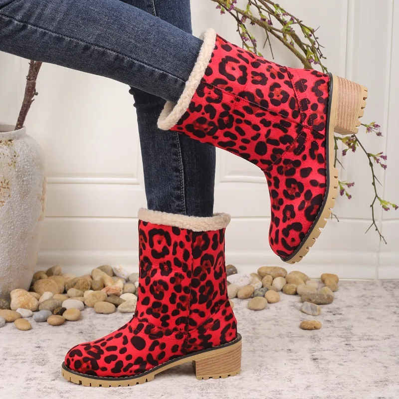 2025 New Winter Fashion Leopard Print Women's Snow Ankle Boots Suede Mid-Heel Sleeve Cropped Plush Block Heel Boots