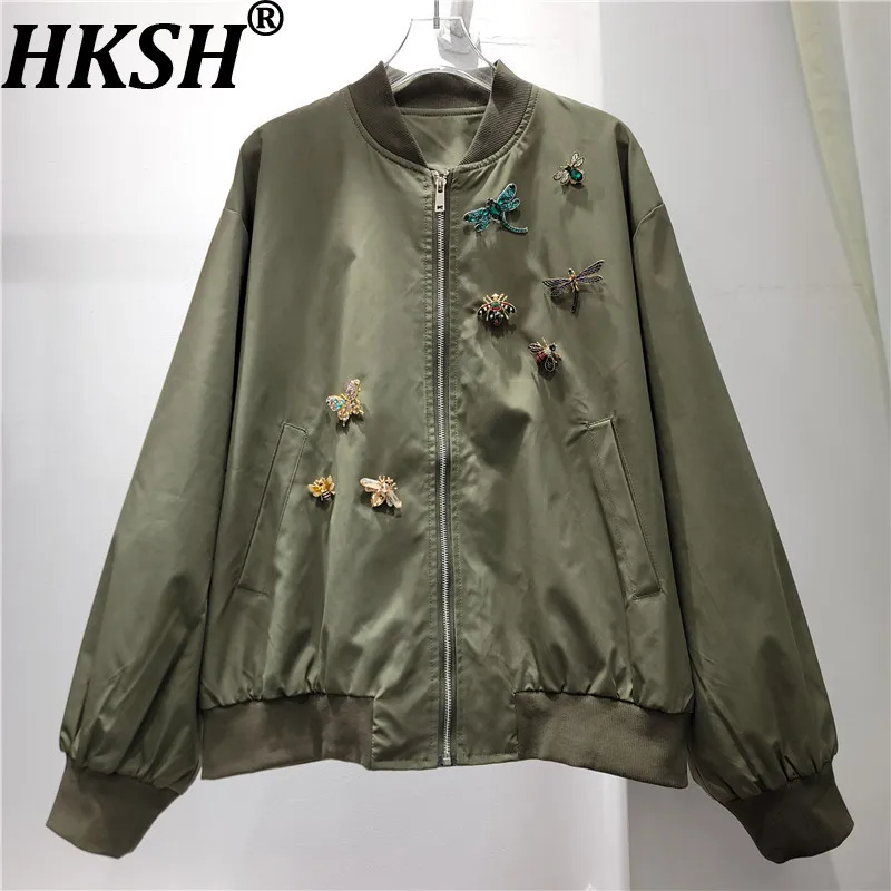 HKSH Women Jacket Loose Casual Heavy Three-Dimensional Metal Decoration Retro Zipper Pocket Baseball Coat Spring Autumn HK26757