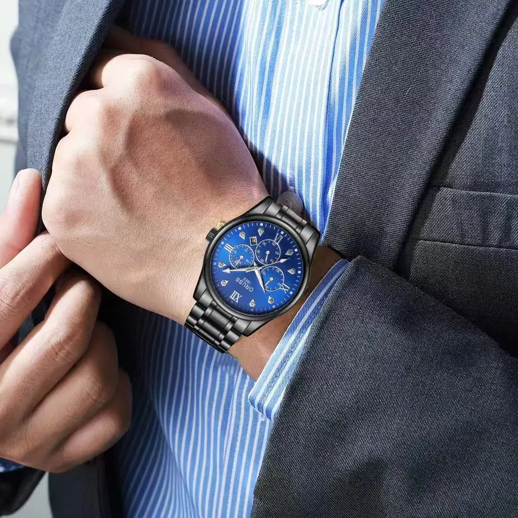 ORUSS оригинальные лучшие брендовые мужские часы из нержавеющей стали с двойным календарем, водонепроницаемые светящиеся роскошные золотые часы, модные кварцевые мужские наручные часы