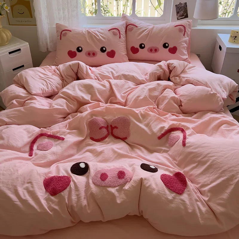 Kawaii Pink Pig Duvet Cover 4pcs Bedding Set Kids Girls Bedroom Quilt Cover Polyester Comforter Cover 1 Flat Sheet 2 Pillowcases