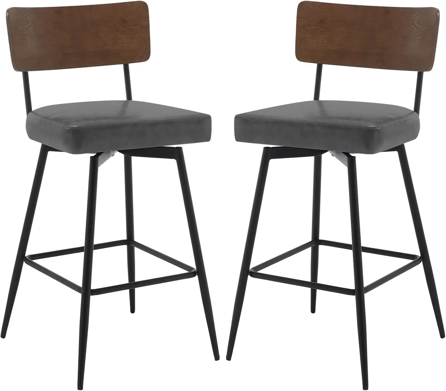 Contra Altura giratória Bar Stools Set, estofados do falso couro Barstools, Costas de madeira e pernas metálicas, 26 na altura do assento