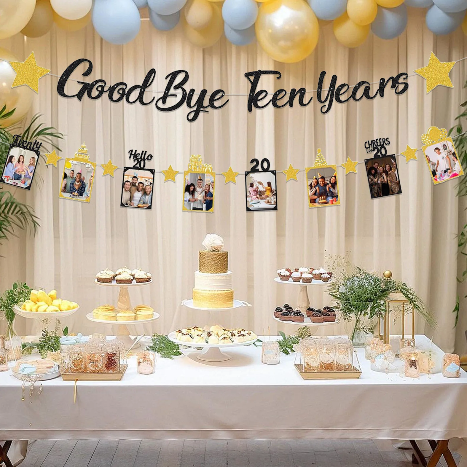 Black Gold Glitter Goodbye Teen Years Banner ,Happy 20th Birthday Party Decorations for Men/Women,Goodbye Teen Years Birthday