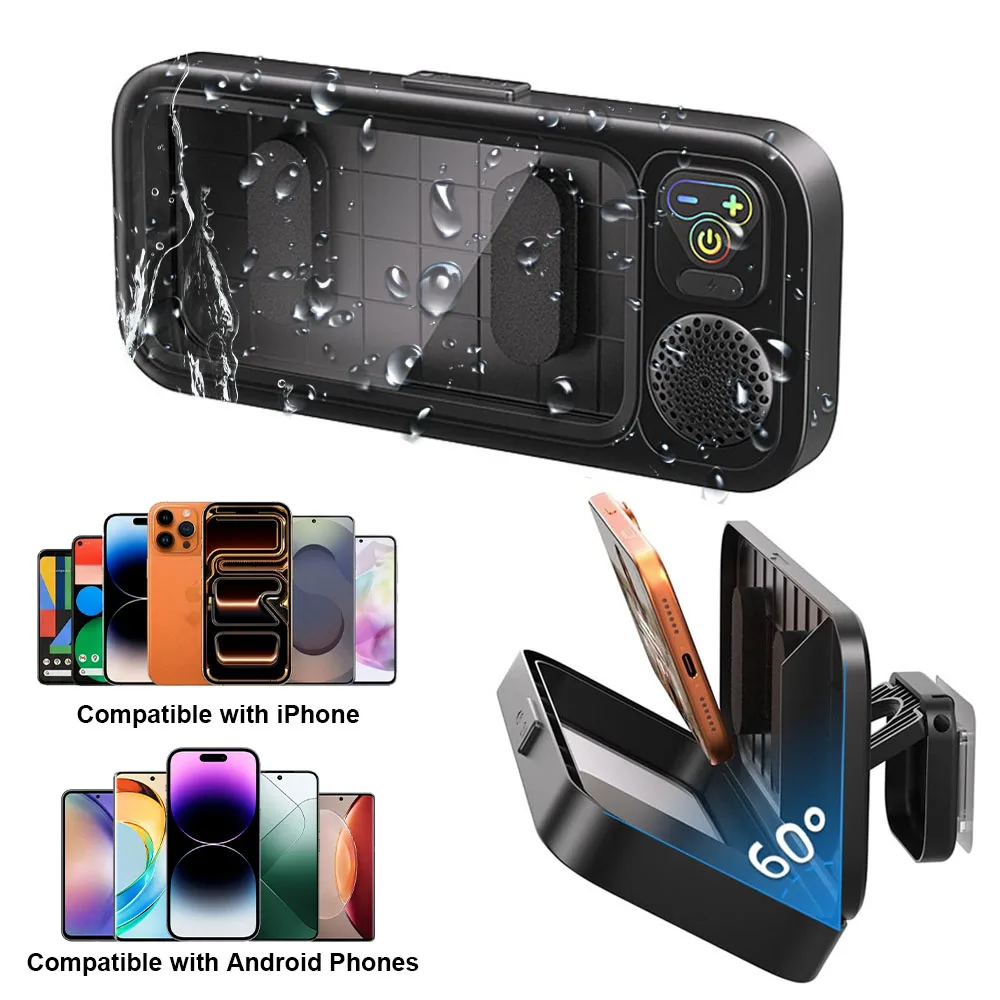 Shower Phone Holder IPX6 Waterproof with Wireless Bluetooth Speaker,Hands-Free Shower Speaker,Phone Case with Touch Screen