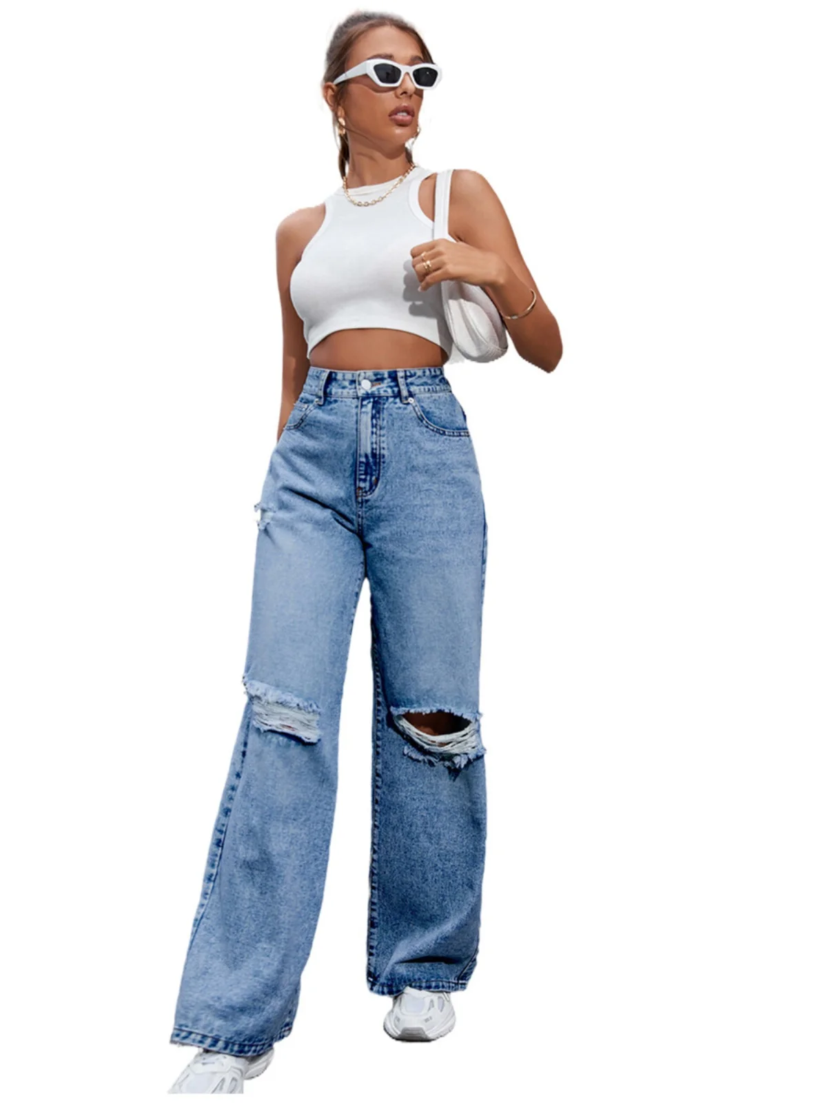 

Свободные летние джинсовые брюки. Женские повседневные широкие джинсы. Длинные брюки с высокой талией. Модные женские джинсы с разрывом.