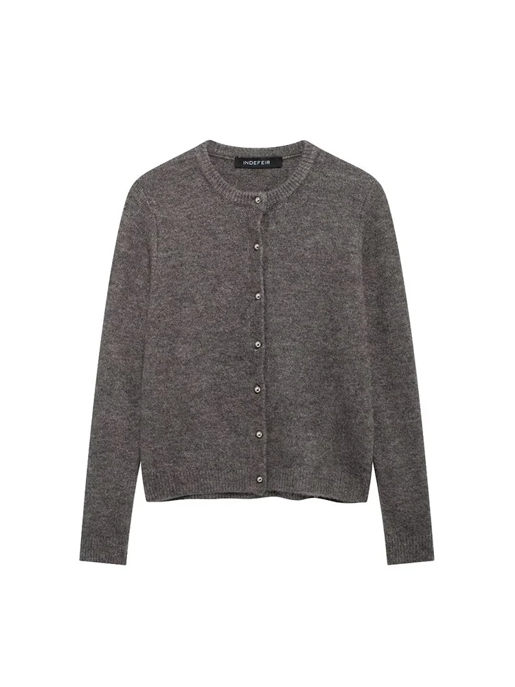 2024 Autumn Commuter Fashion All-match Style Gray Blended Round Neck Single-breasted Knitted Cardigan Jacket Tops Women