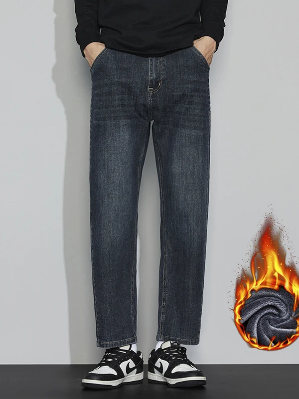

High-End Faion Fce-Lined Thi Nine-Piece Men's Jeans Casual Straight Leg Loose Fit Winter Warm mid Waist Zipper ket