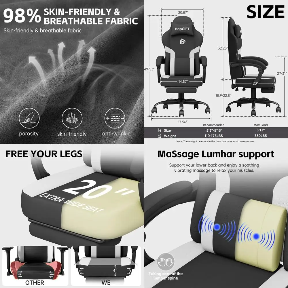 

Ergonomic Reclining Gaming Chair with Footrest, Massage Lumbar Support, Swivel Computer Chair for Comfortable Gaming Sessions