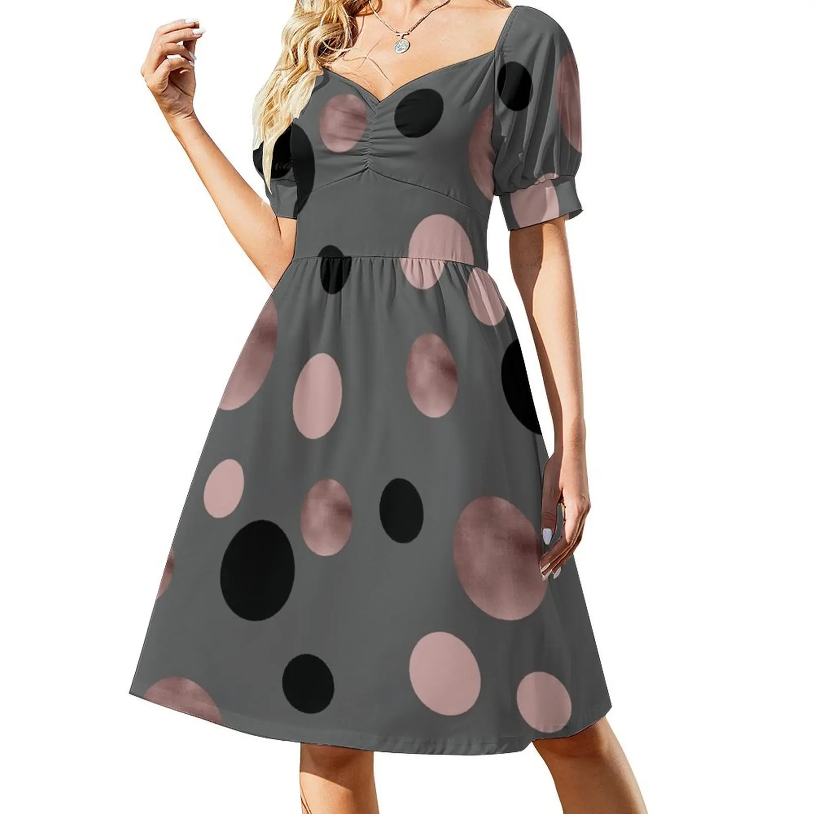 

Elegant rose gold, black and pink dots Short Sleeved Dress Women's long dress beach outfits for women Summer skirt Dress