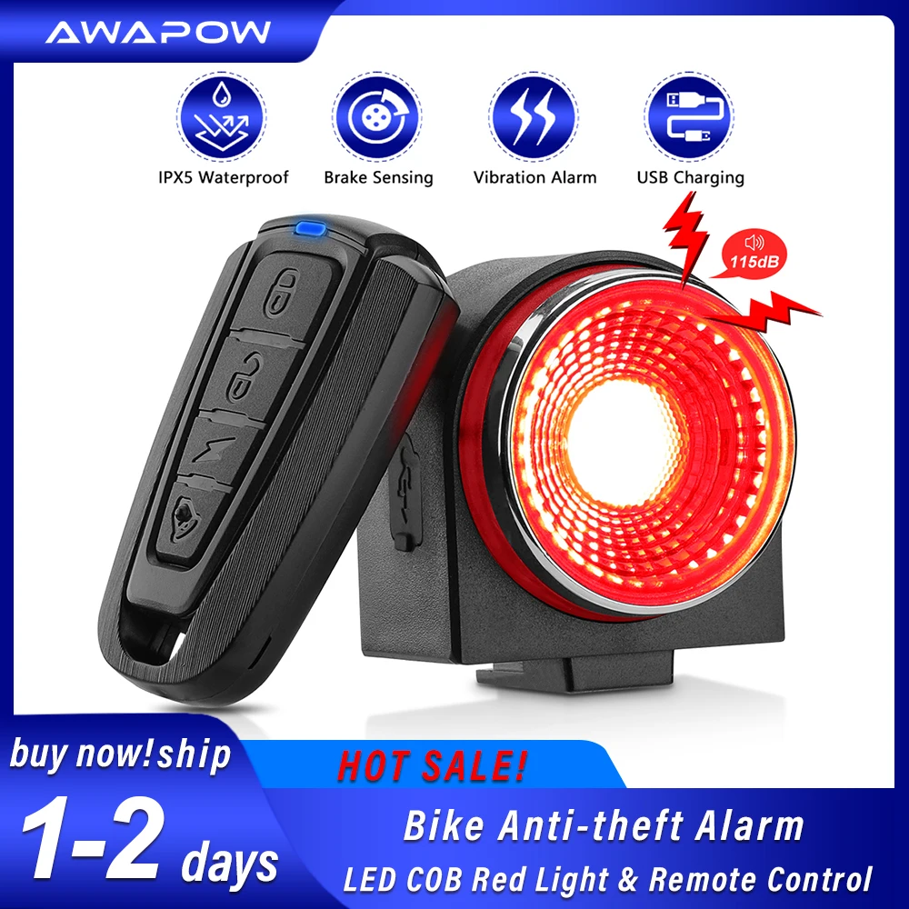 Awapow-luz trasera para bicicleta, alarma antirrobo con carga USB, resistente al agua IPX5, con freno automático, para ciclismo