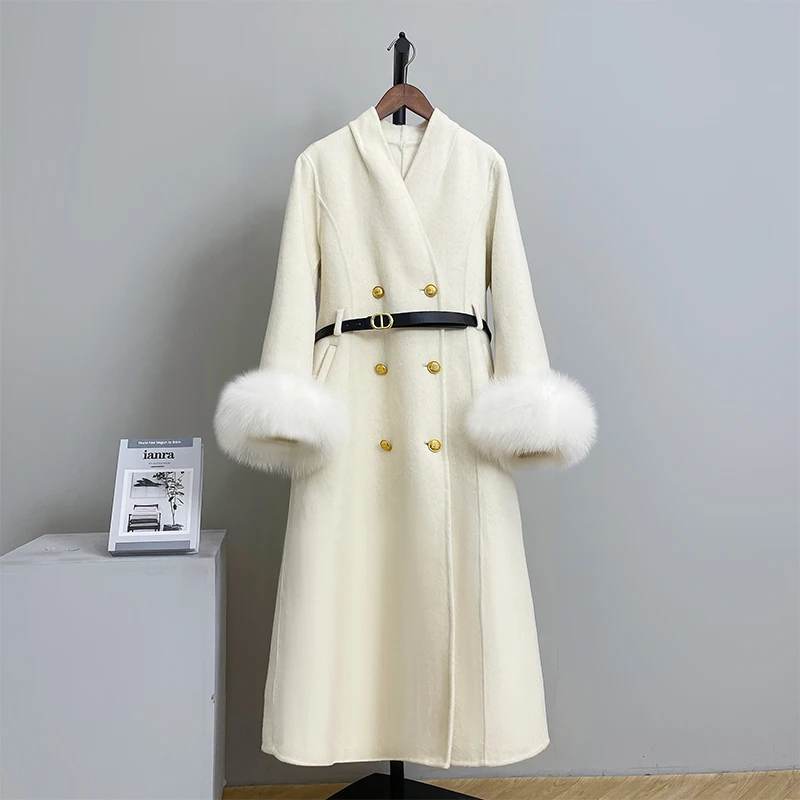 

New Women Winter Long Wool Coat Natural Real Fox Fur Cuff Thick Warm Outerwear Detachable Loose Luxury Belt Feamle Jacket