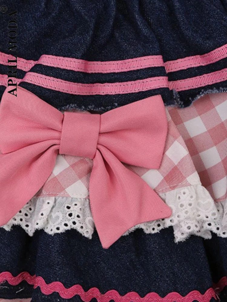 2023 Summer Sweet Lolita Denim Skirt Y2K Girls Cute High Waist Casual Bow Tiered Skirts Women Korean Hearts Kawaii Mini Skirts