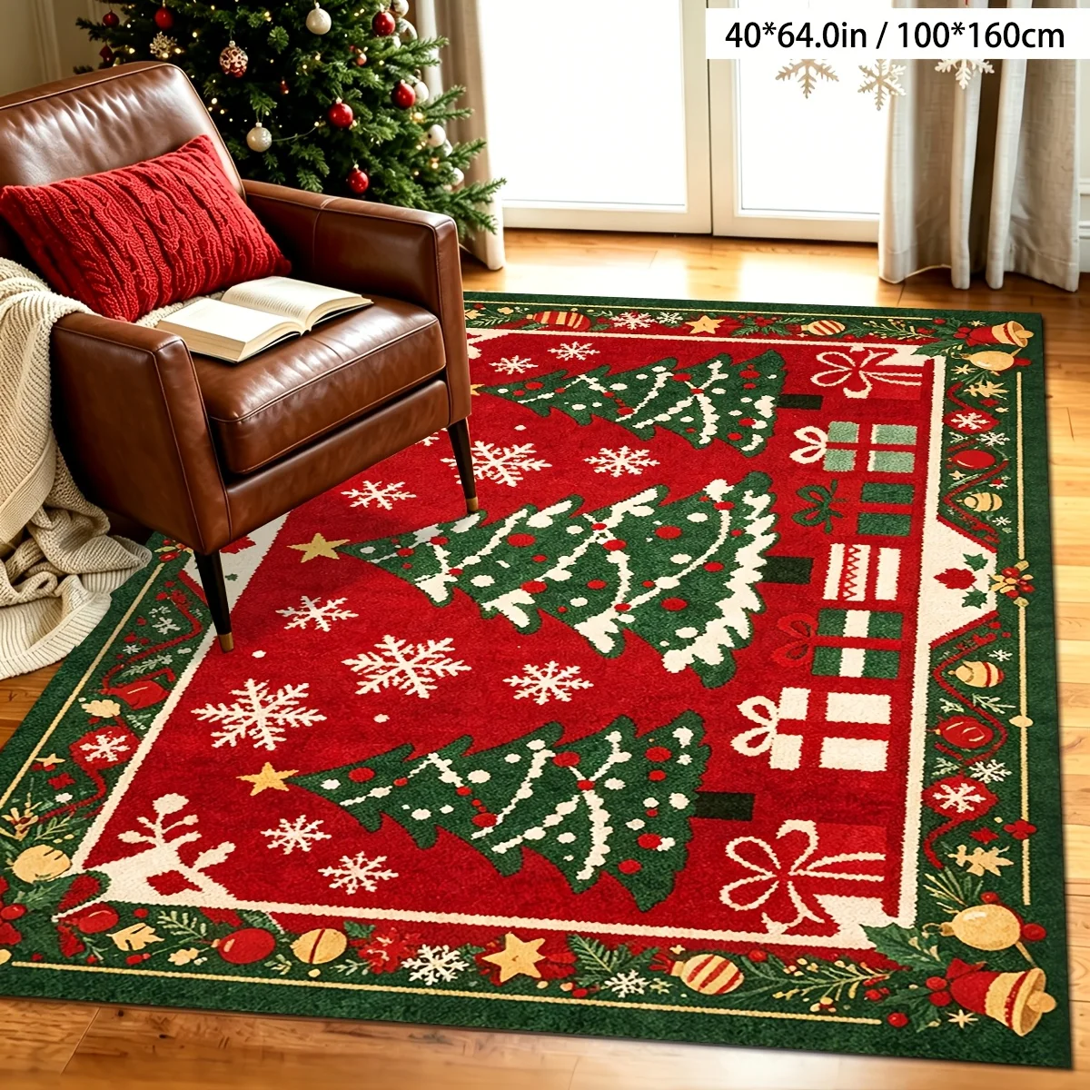 1Pc Christmas Large Floor Rug, Tree Snowflake Gift Pattern, Machine Washable Mat for Living Room Bedroom Dining Study Balcony RV