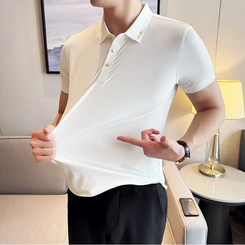 

2025 Summer High-elastic Breathable Ice Silk Polo Shirts Men's Fashion Embroidery Business Casual Solid Versatile T-shirt 5XL-M