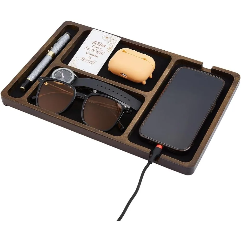 Wood Valet Tray Black Wooden Catch All Tray Tabletop Organizer for Key Phone Wallet Watch Earbud Nightstand Storage Container