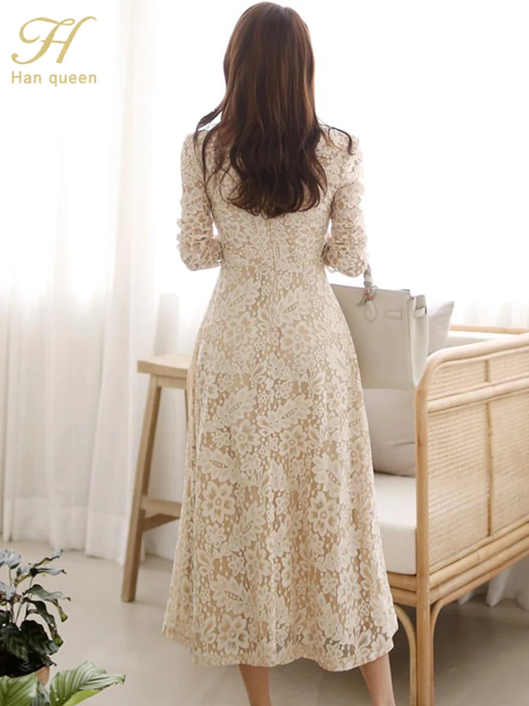 H Han Queen Temperate A-line Lace Dress Women Spring Full Sleeve Long Swing Dresses OL Special Occasion Evening Party Vestidos