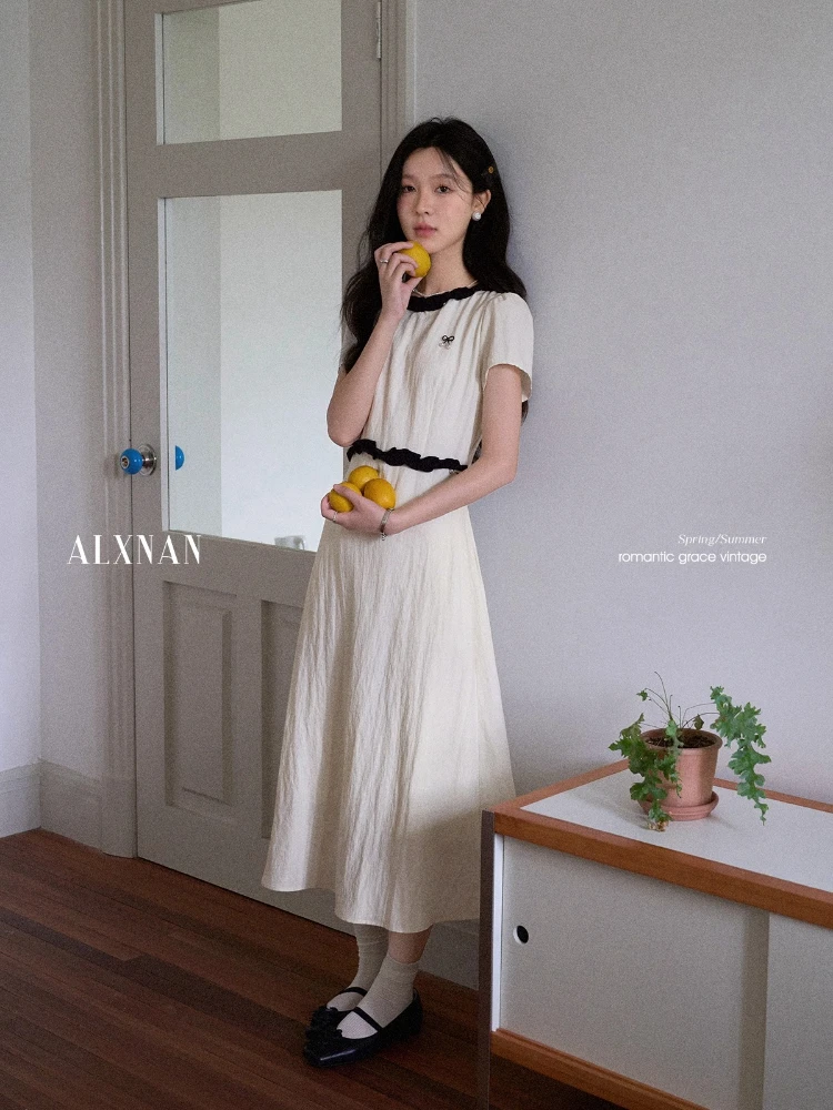 ALXNAN Beige Short Sleeve Dress with Bow Detail Black Lace Trim Pearl Buttons Waist-Defining A-Line Silhouette Summer DYL661967