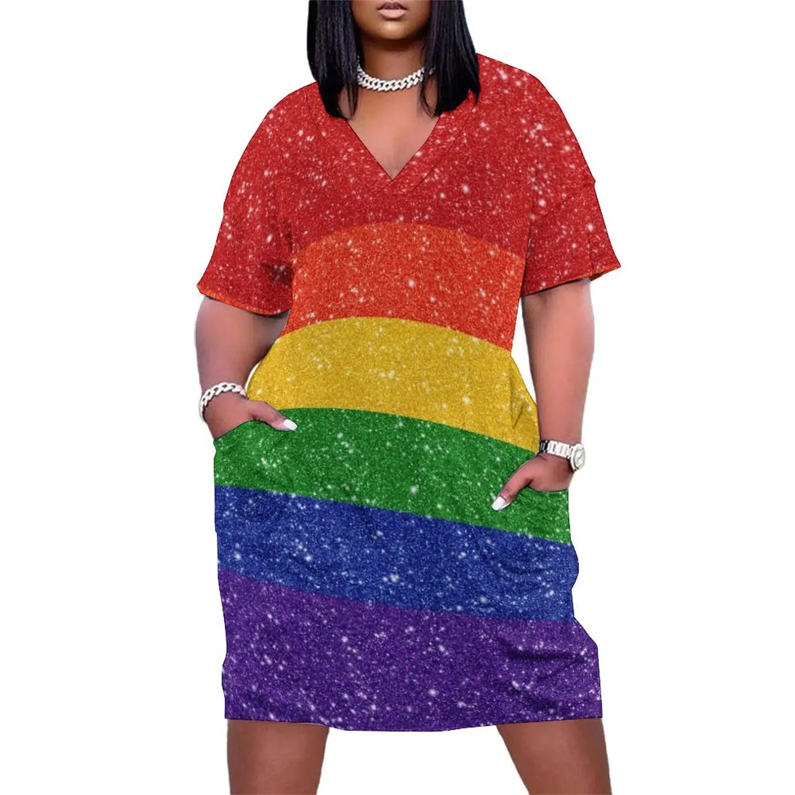 

Faux Glitter LGBTQ Pride Rainbow Flag Background Loose Pocket Dress womans clothing dress for woman