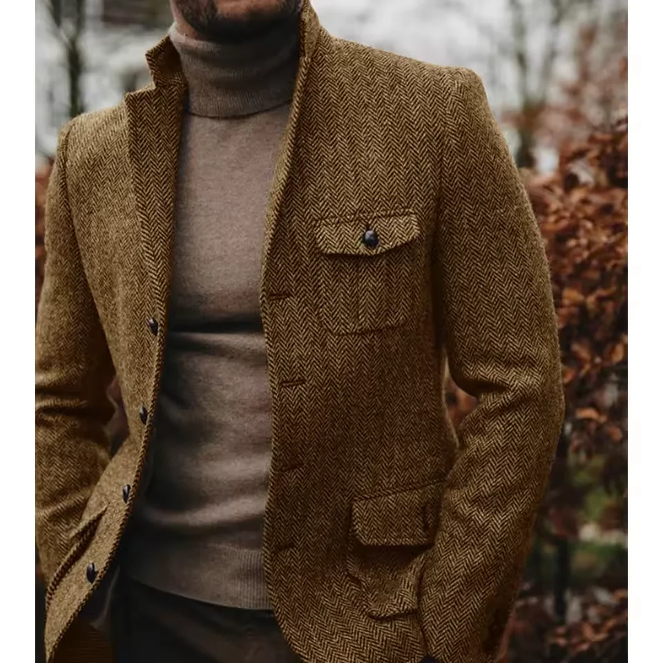 

Men Suit Jacket Herringbone Single Breasted Stand Collar Business Formal Attire Casual Blazer Tapered Waist Fashion Slim FitCoat