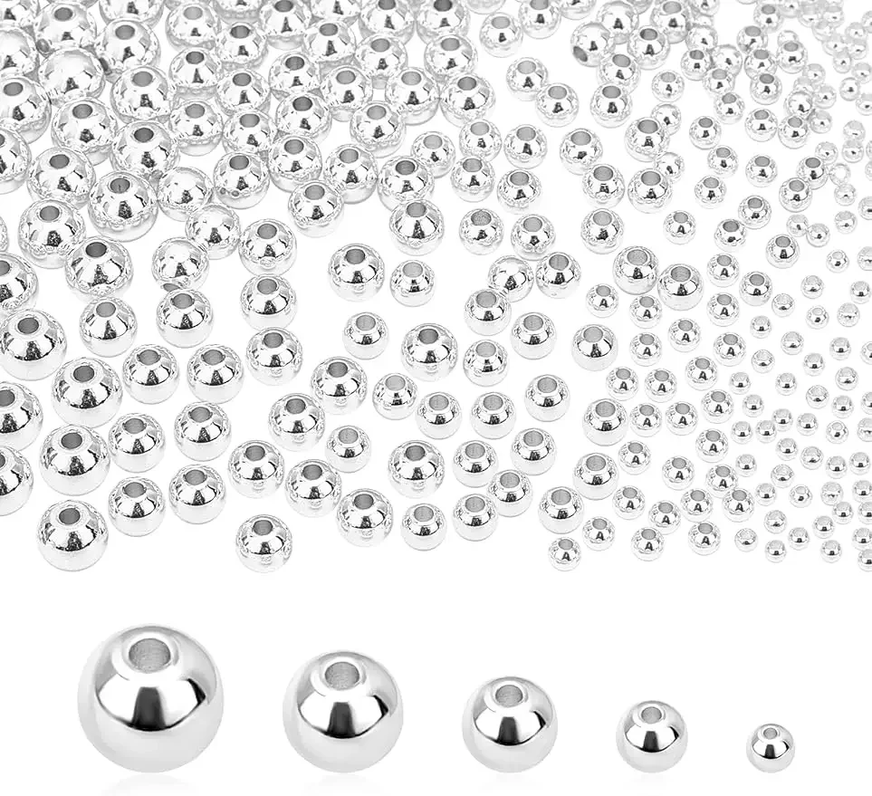 

5Sizes Smooth Round Beads 300pcs 14K Silver Plated Little Round Beads Seamless Ball Beads Long-Lasting Spacers