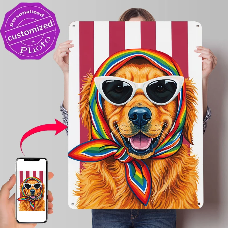 Golden Retriever Dog With Rainbow Scarf Printed Poster Customized Wall Art Retro Vintage Metal Tin Signs for Room Ornaments Home