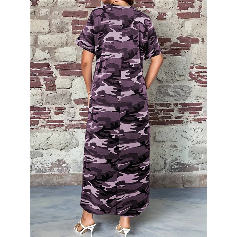 FX-Women's Casual Summer T Shirt Dress Loose Short Sleeve Camo Tunic Dress With Pocket For Women