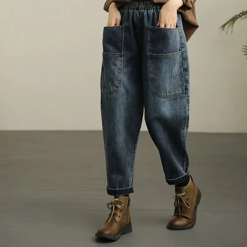 

2023 Autumn Winter Fashion Women Jeans Retro Elastic Waist Slim Big Pocket Jeans Casual Loose Simple Ankle-Length Harem Pants