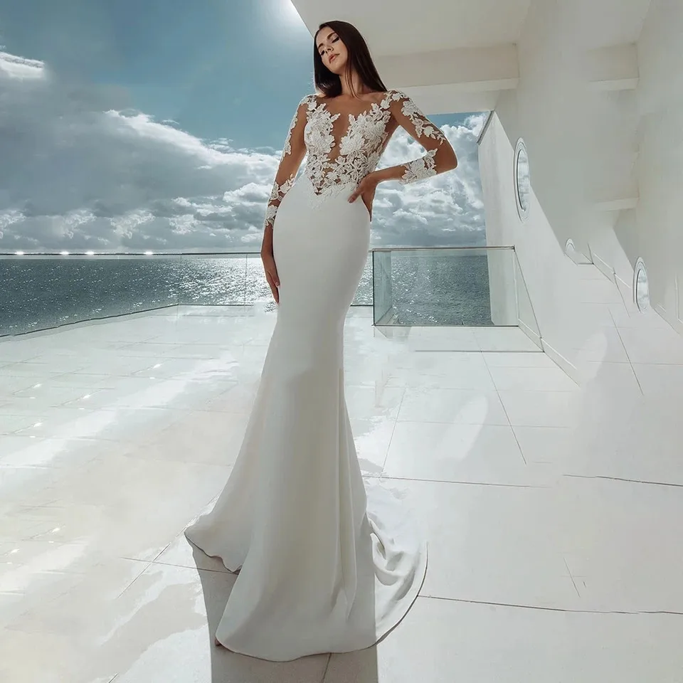 Sexy maniche lunghe abiti da sposa a sirena bianco Illusion Neck Appliques di pizzo 2023 abiti da sposa abiti da spiaggia De Noiva