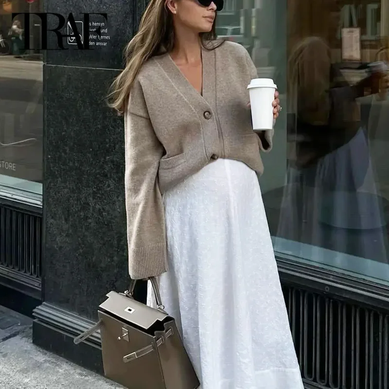 TRAF Khaki sweter oversize rozpinane 2024 damski elegancki płaszcz z dzianiny moda Casual dzianiny z długim rękawem jesienno-zimowa