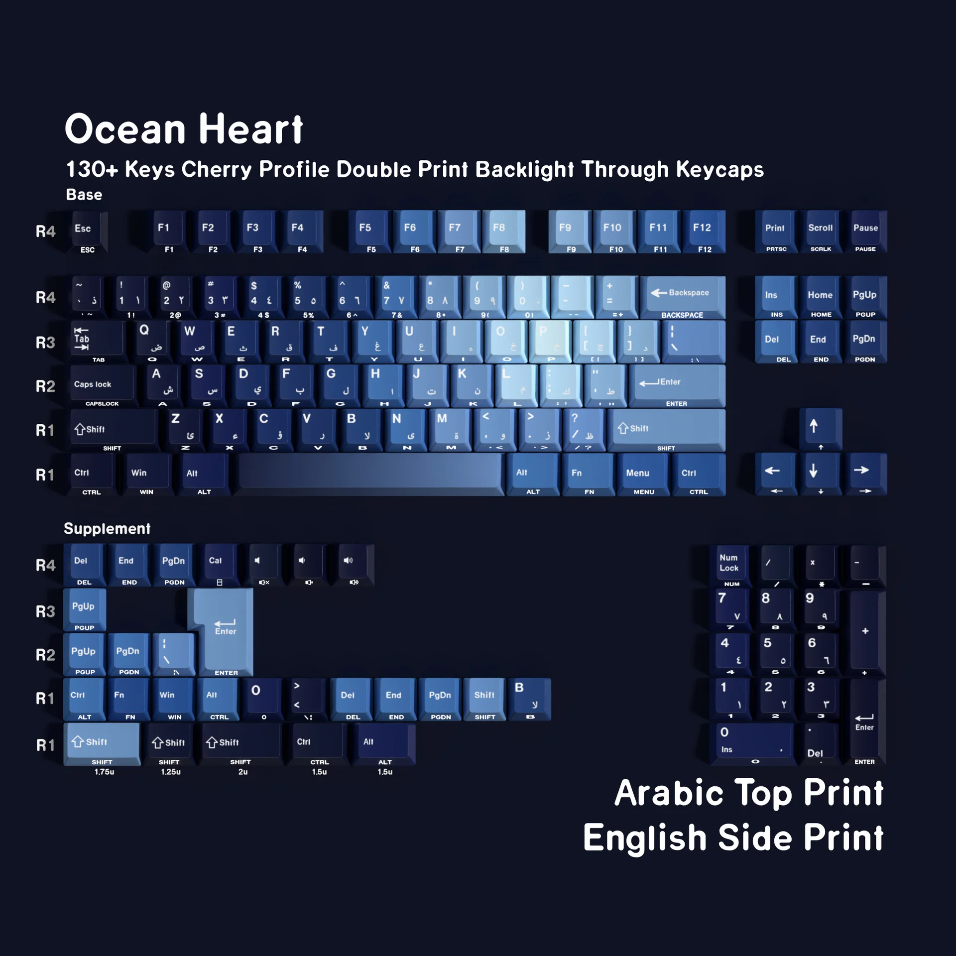 Ocean Heart Korean Keycap 130key PBT Double Engraved for Cherry MX French Azerty Russian Spanish Japanese Keycaps Kit and Set