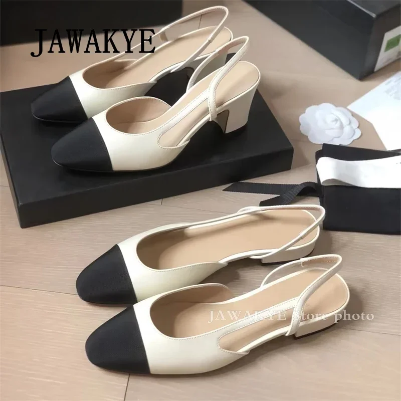 Summer Round Toe Square Heels Slingback Sandals Women Leather Patchwork Pumps Designer Shoes Elegant Dress Sandalias Femininas