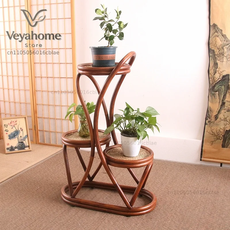 Rattan Floor Plant Stand Multi-Tier Indoor/Outdoor Shelf for Balcony & Living Room Boho Woven Flower Holder with Storage