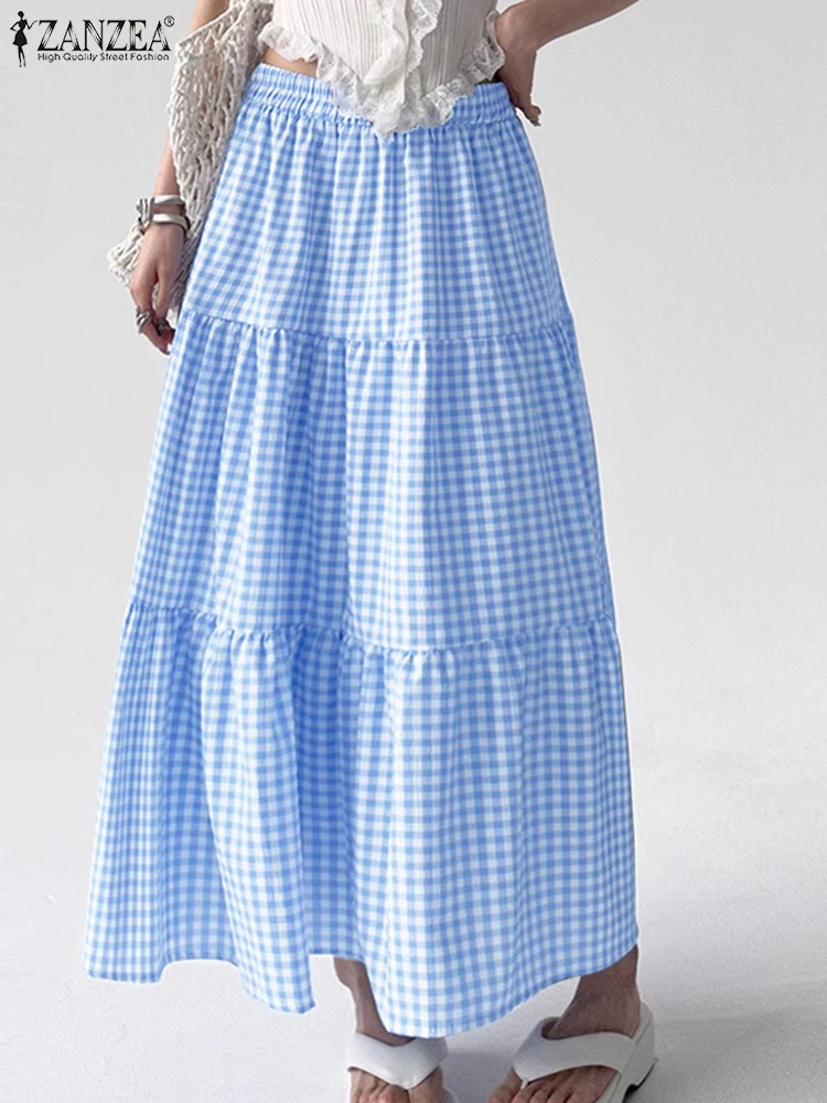 ZANZEA Checked Elastic Waist A-line Maxi Skirts Women Loose Casual Everyday Tiered Gingham Skirt Holiday 2025 Spring Long Jupes