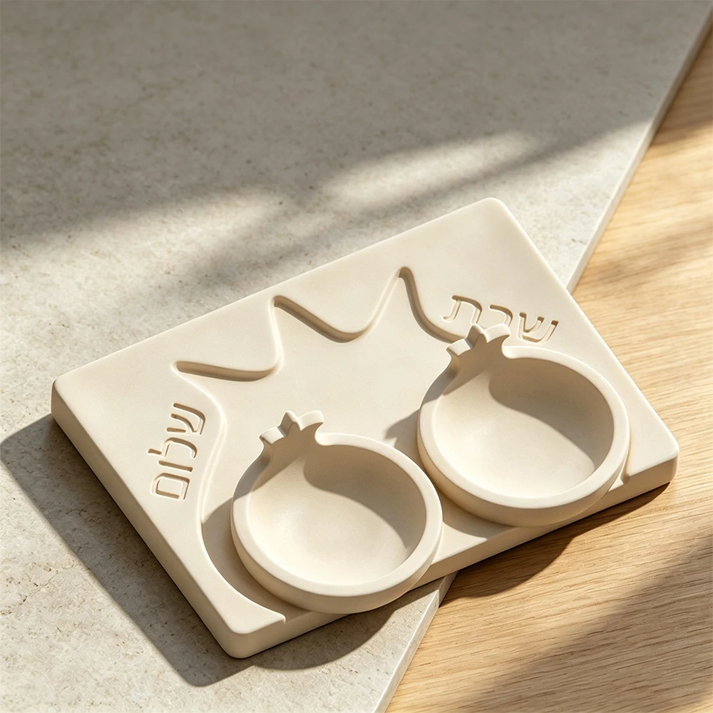 A set Pomegranate Jewish Shabbat Candlestick Silicone Mold with plate, DIY Plaster Mould for Handmade Judaica Shabbat Gift