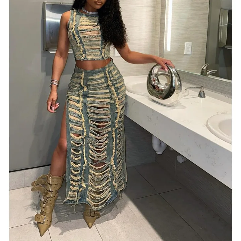

2026 Women's Denim Suit Women's Trend Personality Hand-worn Vest High Slit Denim Skirt Suit