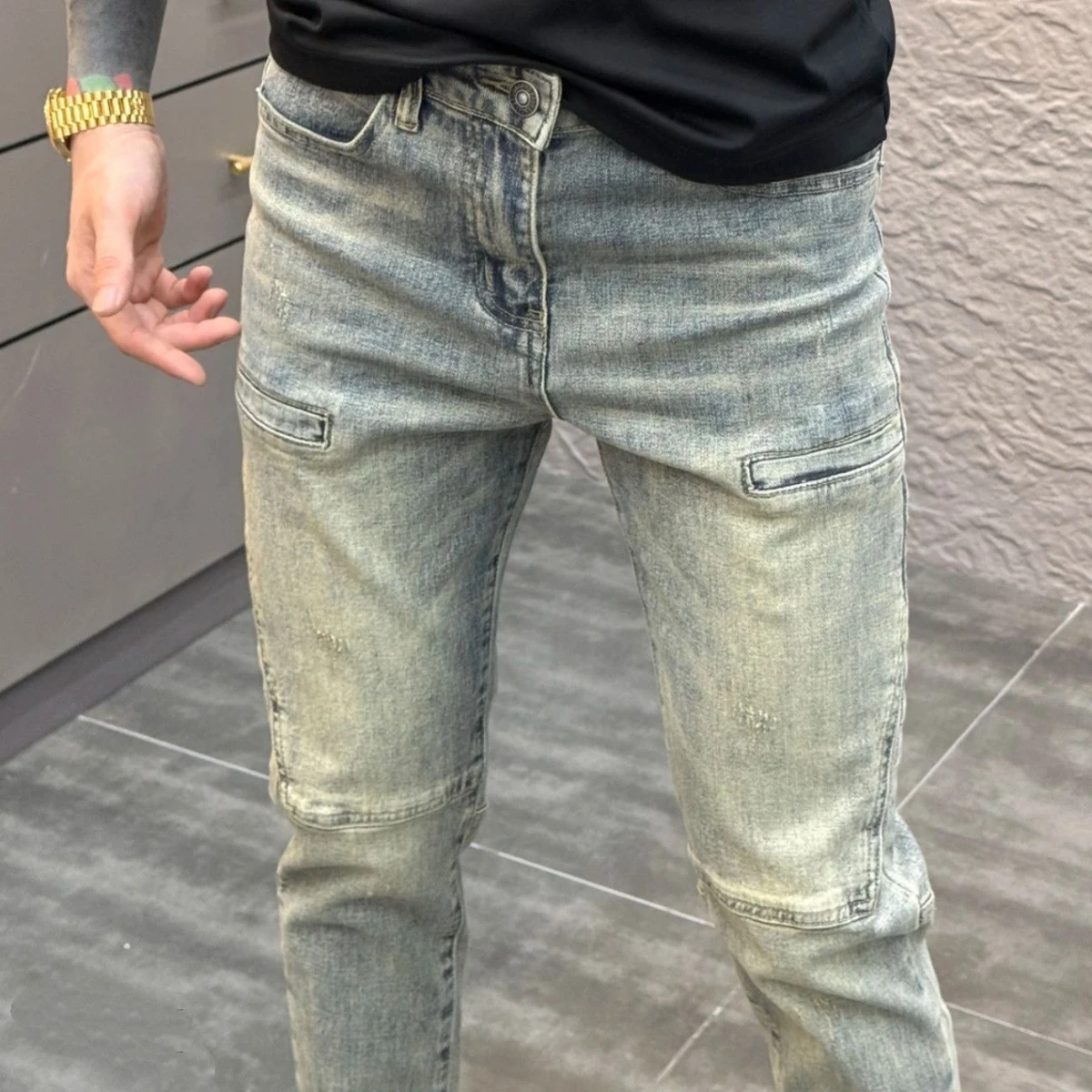 

Высококачественные синие джинсы в стиле ретро, мужские облегающие джинсы, новинка 2025, корейская версия, модные лоскутные повседневные брюки Haome, длинные брюки, джинсы