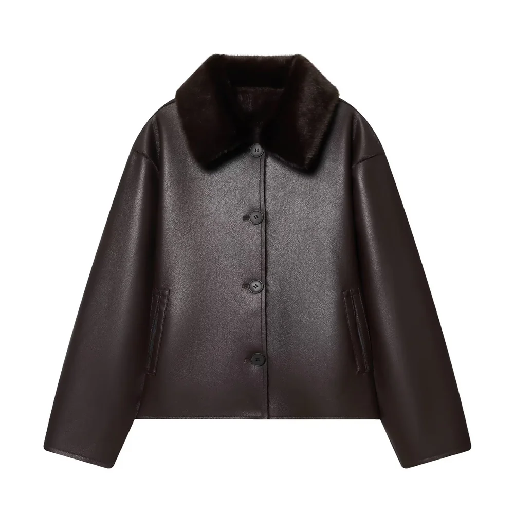 

Winter new women's clothing French casual style lapel long sleeved double-sided PU imitation leather short jacket jacket