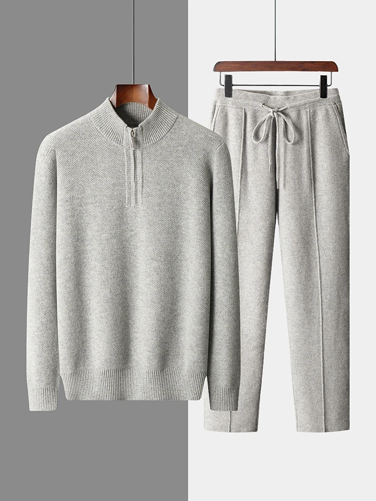 Choice Men 100% Merino Wool Suit Mock Neck Zipper Pullover and Pencil Pants Autumn Winter Thick High Quality Knitwear Two Piece