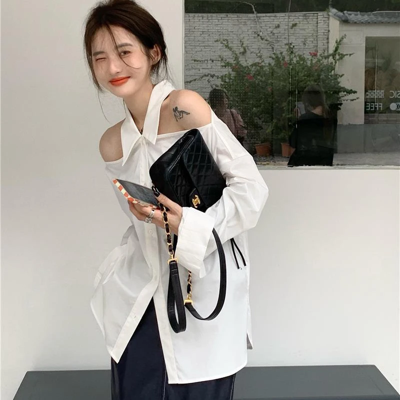 Off Shoulder White Shirt Women Korean Fashion Chic Loose Long Sleeve Top Thin Summer Office Ladies Casual All Match Solid Blouse