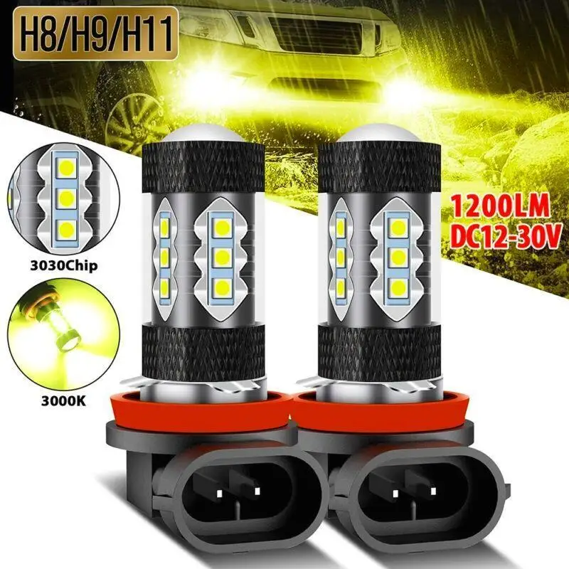 2x H11 H8 lampu LED kuning emas, lampu kabut DRL Super terang daya tinggi