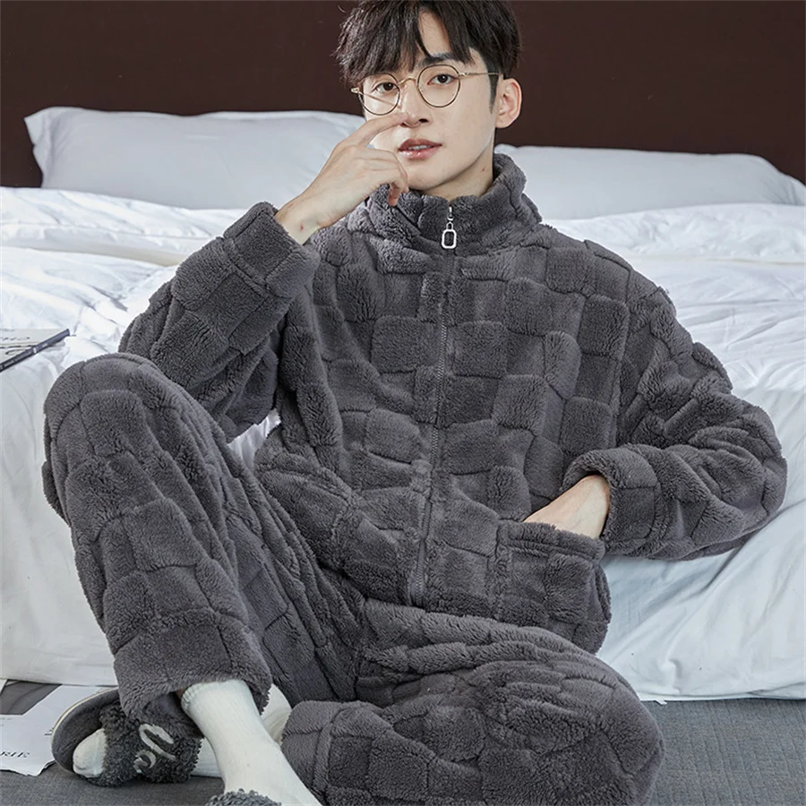 2024 New Winter Warm Sleepwear High Collar Pajamas Set Thickened Homewear for Men Coral Fleece Nightwear Home Clothes Big size