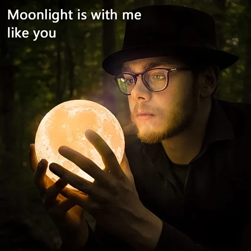 LED Night Light, 3D Printed Moon Lamp, 12CM, Battery - Powered, with Stand, Night Light, Warm Light, Bedroom Decoration Gift