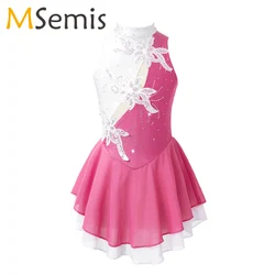 Figure Ice Skating Dress Kids Girls Sequins Floral Ballet Dance Gymnastics Leotard Dancewear Training Competition Stage Costume